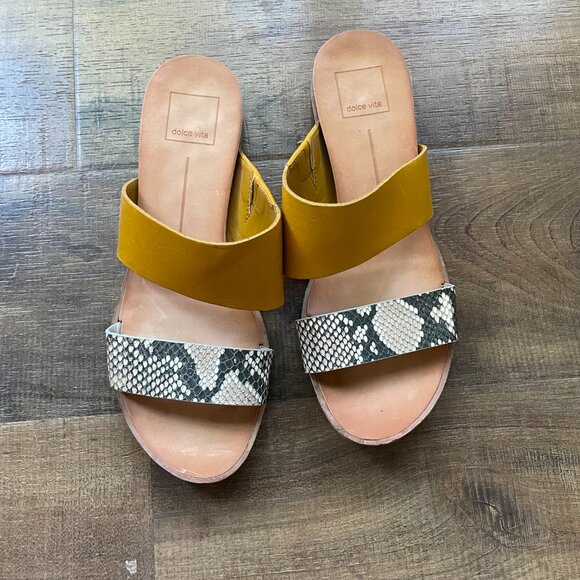 Dolce Vita Mustard & Snakeskin Leather Slide Sandals – Size 8 - Picture 3 of 11
